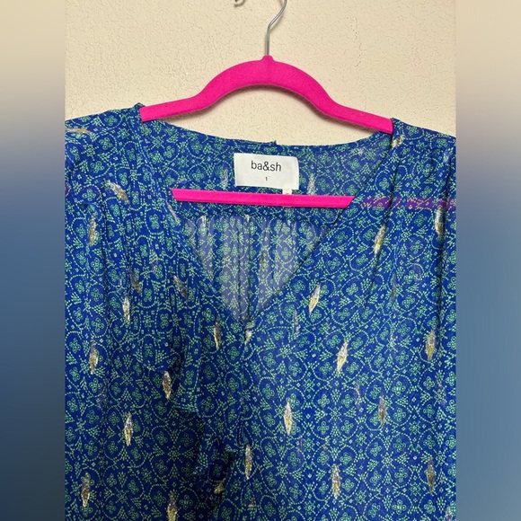 ba&sh Masha 100% Silk Blue Gold Boho Metallic Accent Ruffled 3/4 Sleeve Top S - Picture 6 of 8